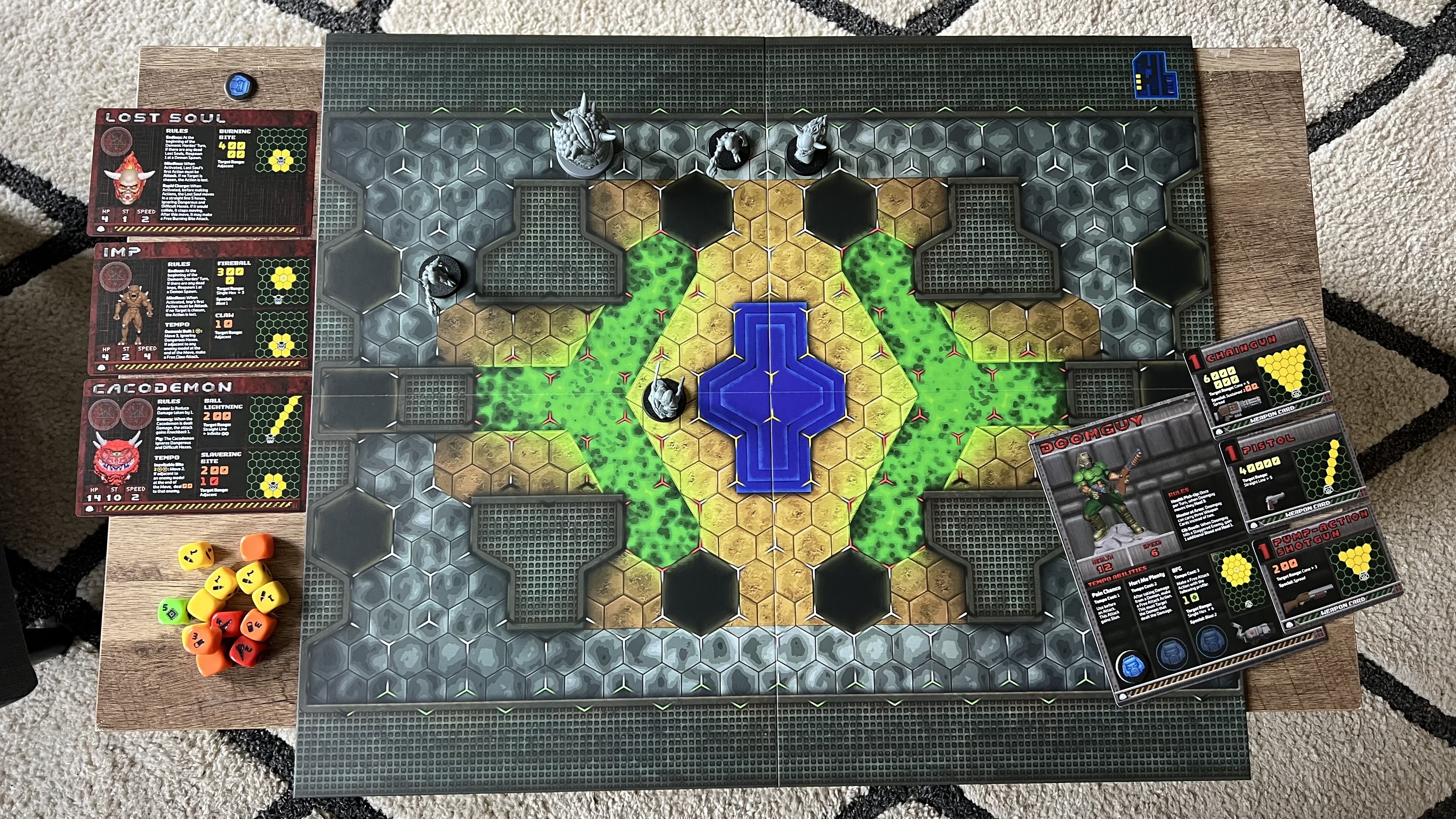 Doom Arena Board Game setup with main map, character cards, figures, and dice