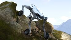 Four-legged robot in hilly terrain.