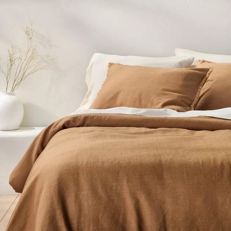 Full/queen Heavyweight Linen Blend Comforter & Sham Set Warm Brown - Casaluna™: Rayon, Cotton, Oeko-Tex Certified