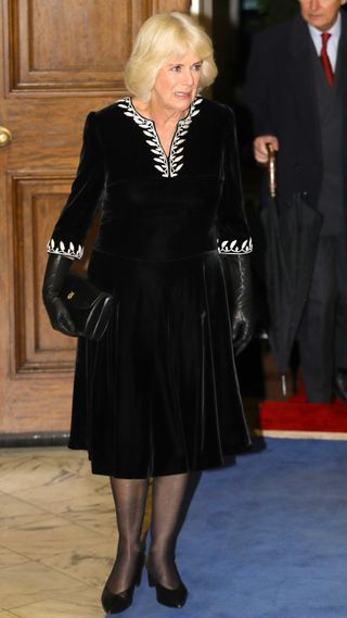 Queen Camilla in a black velvet dress