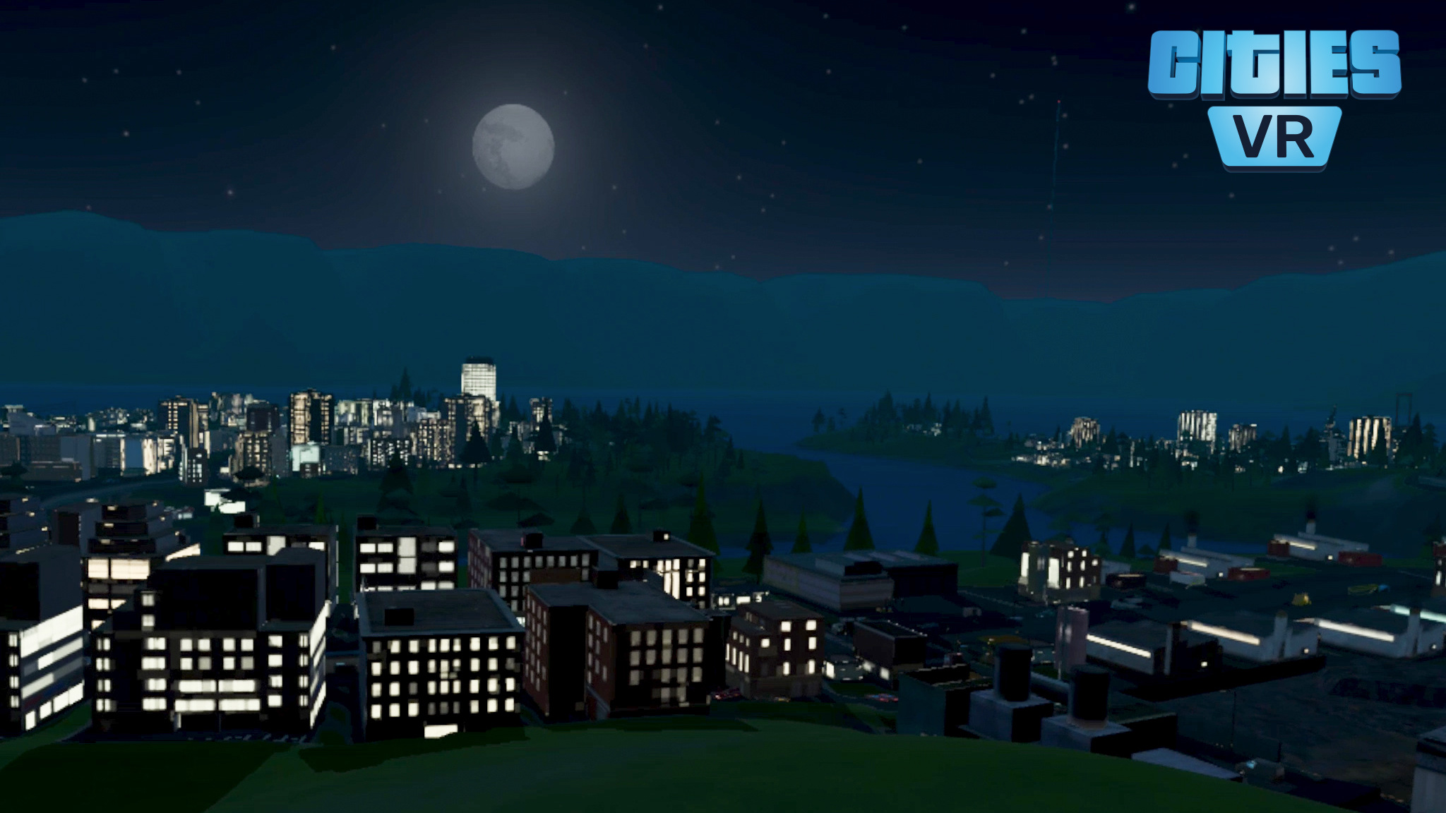 Screenshot of a city lit up at night