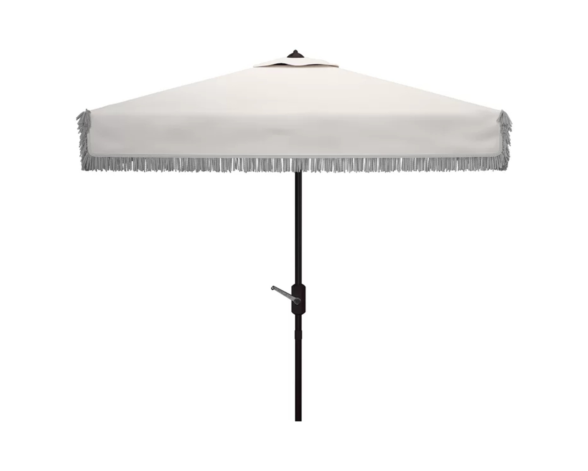 A square patio umbrella with tassles