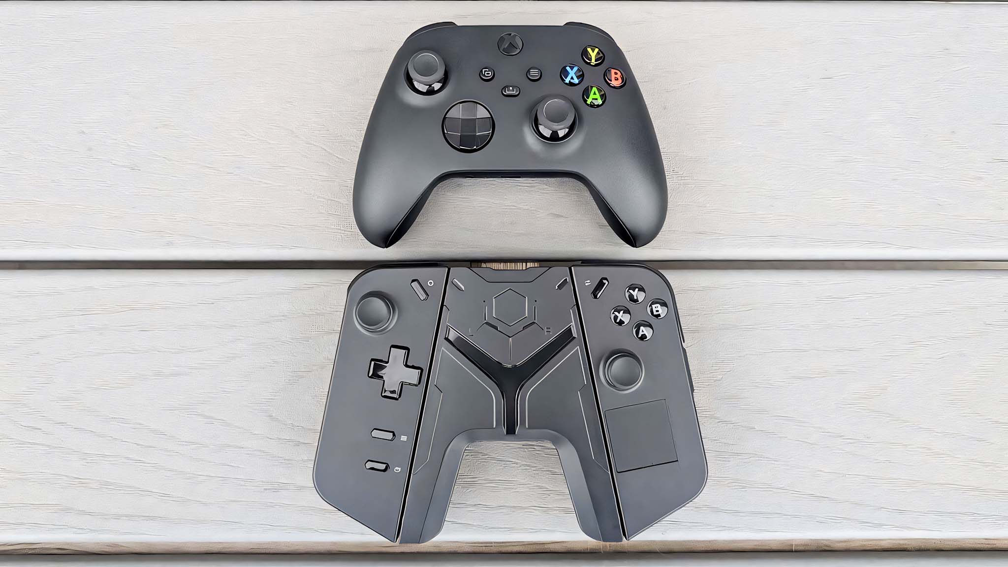 The front sides of an Xbox controller and a JSAUX Grip Connector for Legion Go Controller.