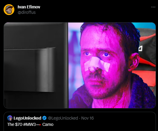 A meme reaction to a garish $70 gun on Modern Warfare 3, featuring Ryan Gosling from 2017's Blade Runner staring blankly at a screen.