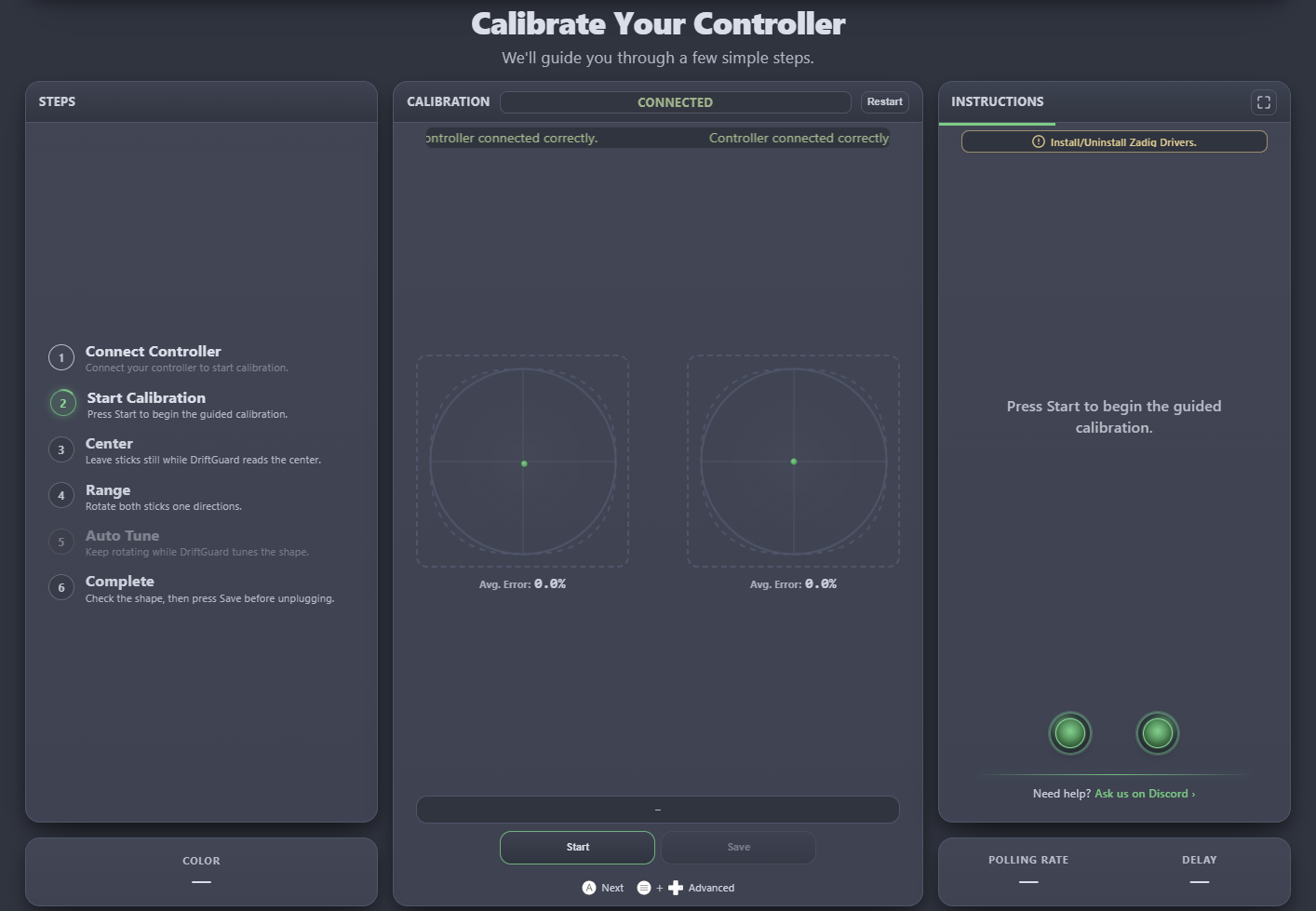 DriftGuard calibration screen for a controller setup with steps on the left, options in the center, and instructions on the right. Tone is functional and precise.