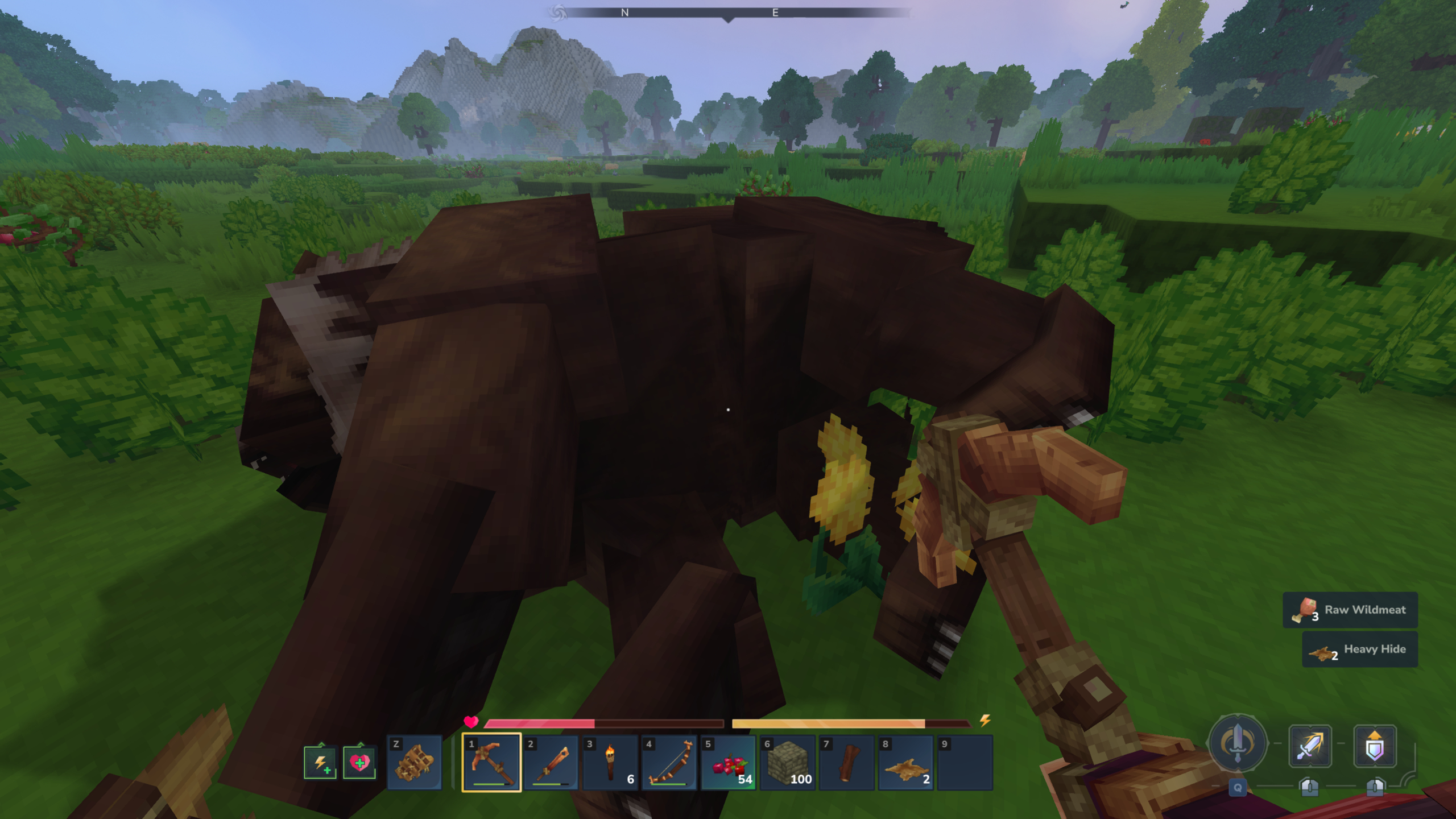Hytale leather: A player standing over a bear while holding a copper sword, collecting its heavy hide.