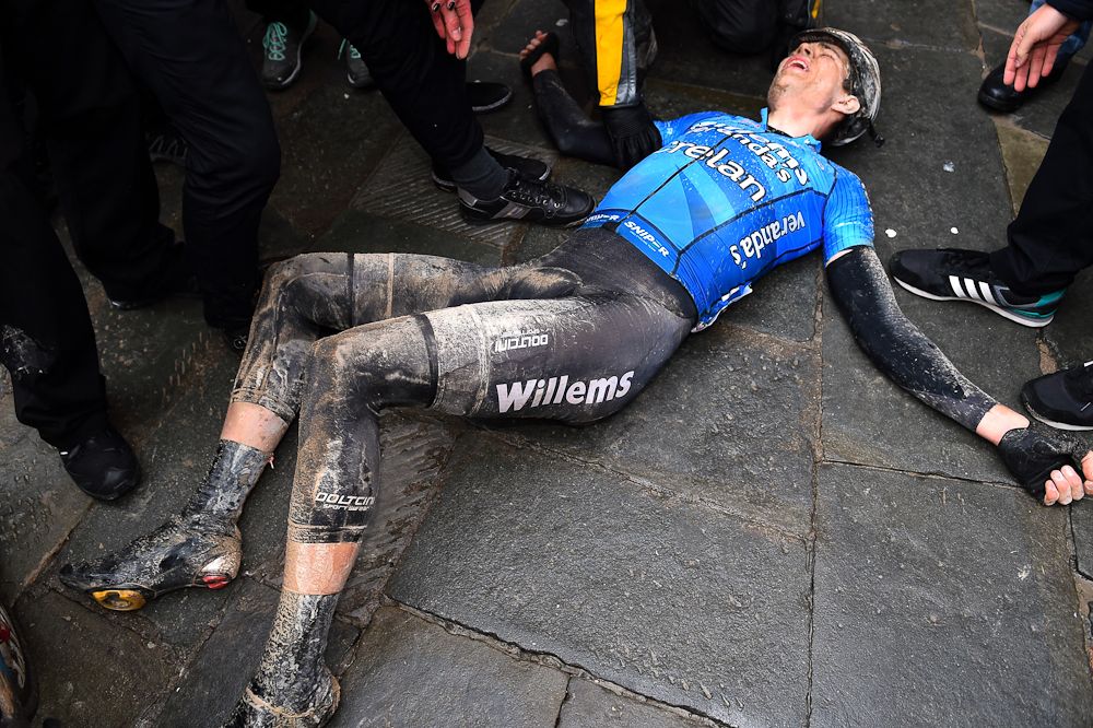 Wout Van Aert shows the strain of his podium effort at Strade Bianche