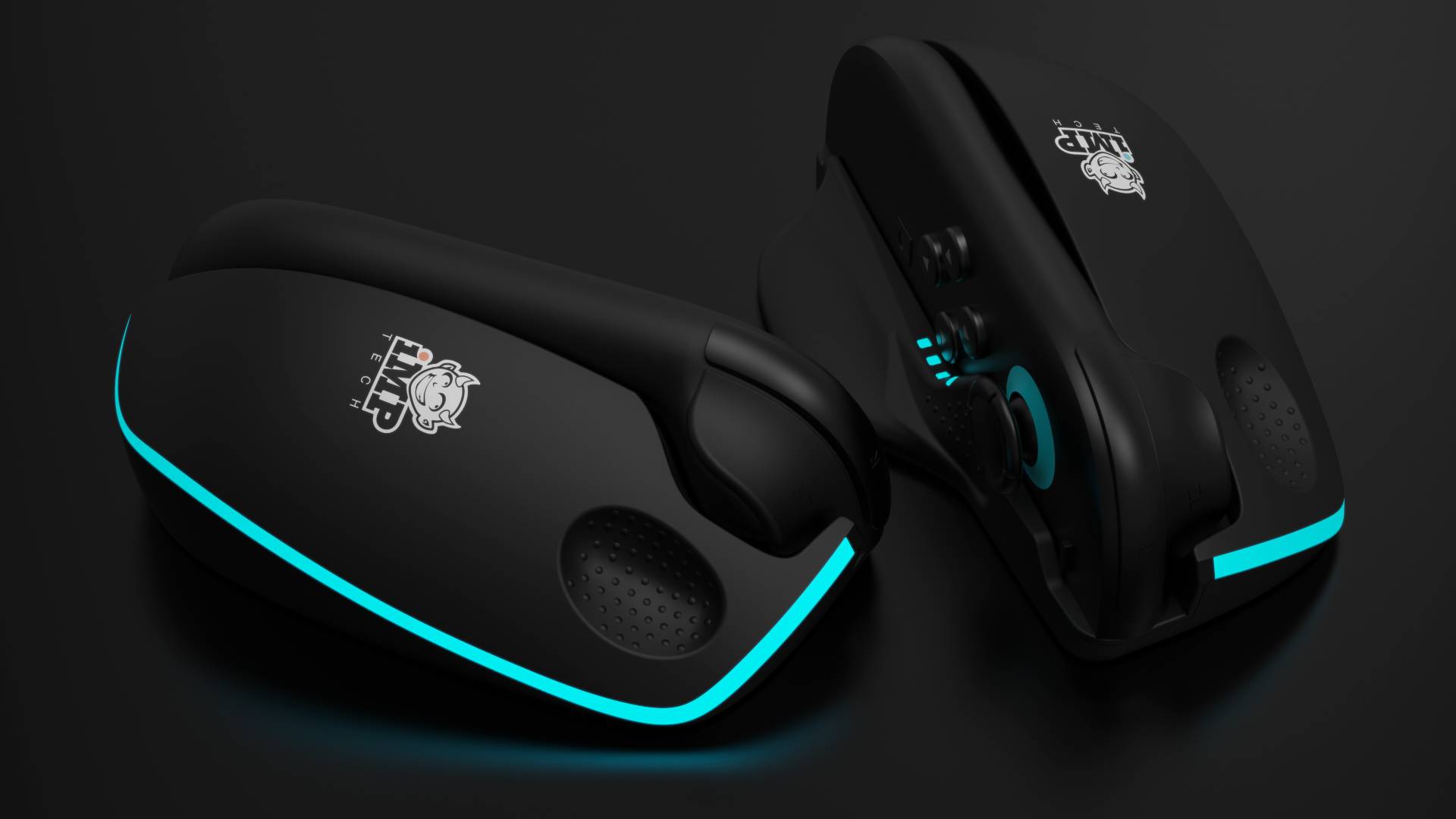 Image of the LED Mouse Duo Joy-Con add-ons glowing blue while sitting on a black surface.