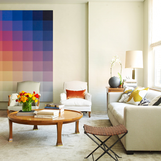 living room with wooden tea table and eyecatching wall art