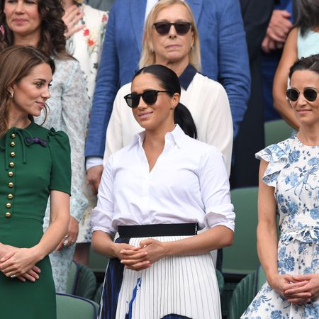 london, england july 13 catherine, duchess of cambridge, meghan, duchess of sussex and pippa middleton in the royal box on centre court during day twelve of the wimbledon tennis championships at all england lawn tennis and croquet club on july 13, 2019 in london, england photo by karwai tanggetty images