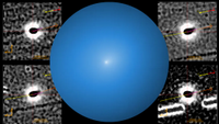 (Center) A white light of the comet 3I/ATLAS is surrounded by a blue glow against a black backgroundHubble Space Telescope captured interstellar comet 3I/ATLAS in November. (Corners) Images of the coma of 3I/ATLAS 