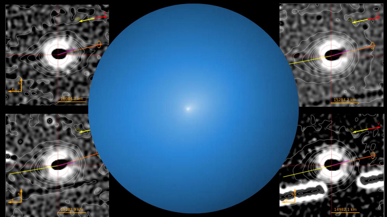 (Center) A white light of the comet 3I/ATLAS is surrounded by a blue glow against a black backgroundHubble Space Telescope captured interstellar comet 3I/ATLAS in November. (Corners) Images of the coma of 3I/ATLAS 