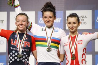 Emma White (USA), Chloe Dygert (USA) and Agnieszka Skalniak (Poland) on the podium for the Junior Womens Road Race at the 2015 UCI World Championships