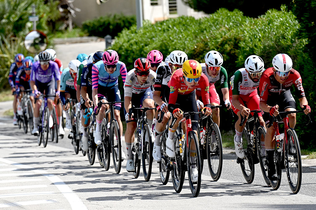 FERMO, ITALY - MAY 16: (L-R) Johannes Kulset of Norway and Team Uno-X Mobility and Andrea Mifsud of Malta and Team Polti VisitMalta compete in the chase group during the 109th Giro d&amp;amp;apos;Italia 2026, Stage 8 a 156km stage from Chieti to Fermo 315m / #UCIWT / on May 16, 2026 in Fermo, Italy. (Photo by Tim de Waele/Getty Images)
