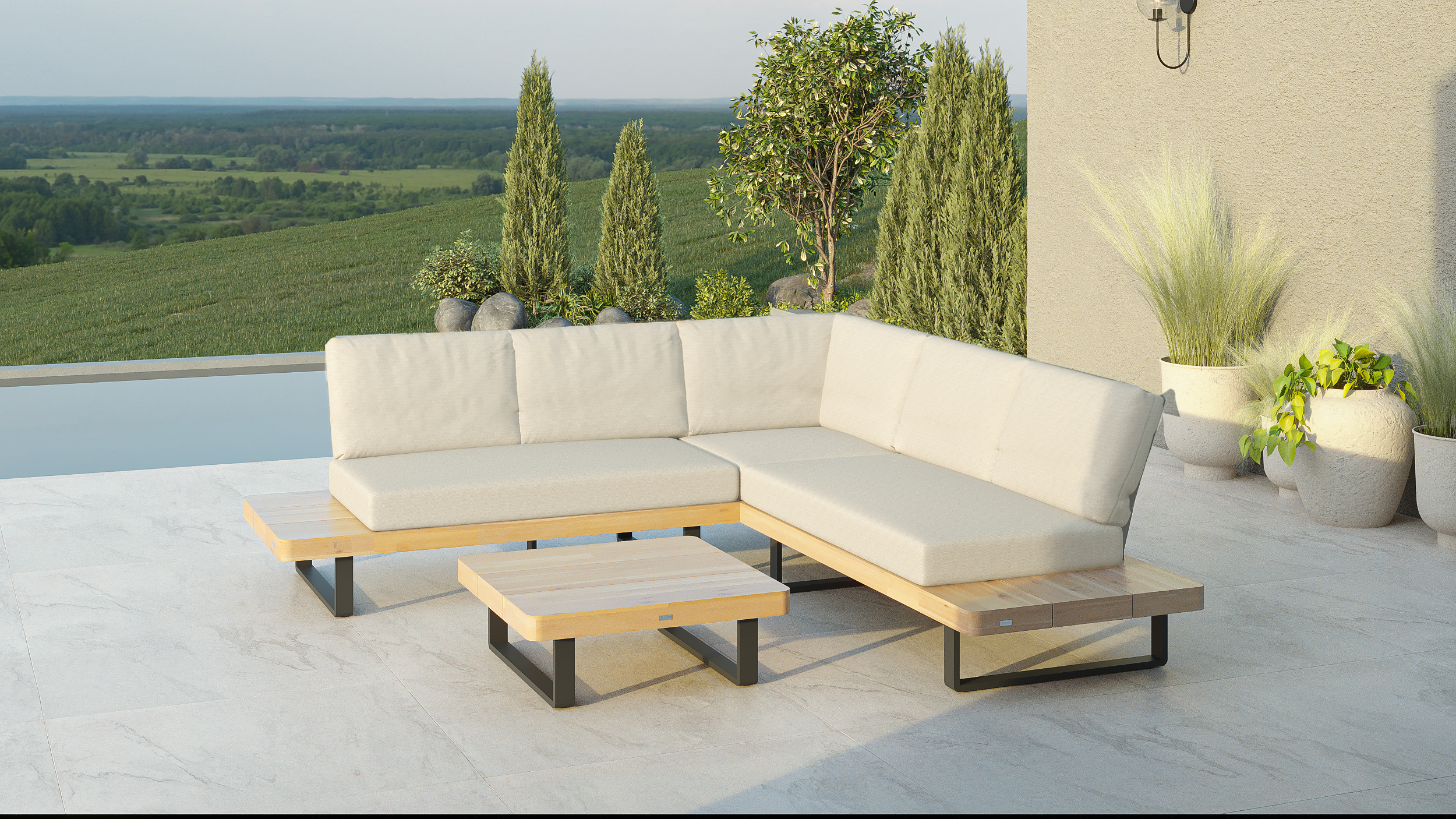 A backyard patio with cream colored outdoor seating