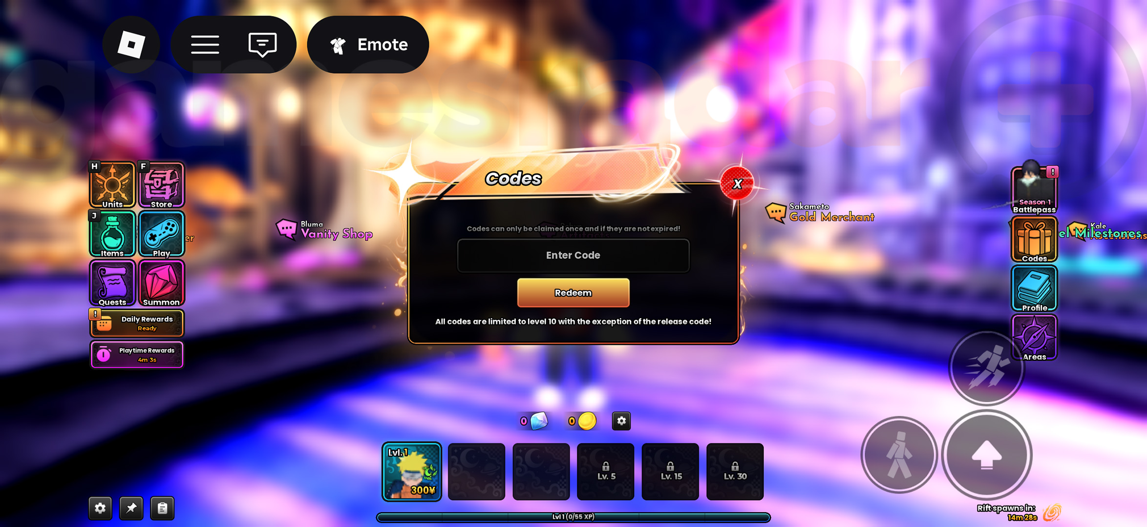 The menu used to redeem Anime Origins codes