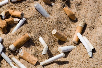 Cigarette butts on the beach.