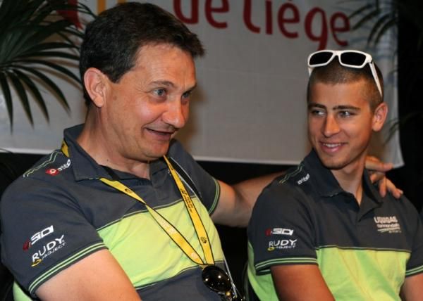 Liquigas-Cannondale manager Stefano Zanatta with Peter Sagan at the team's pre-Tour press conference.