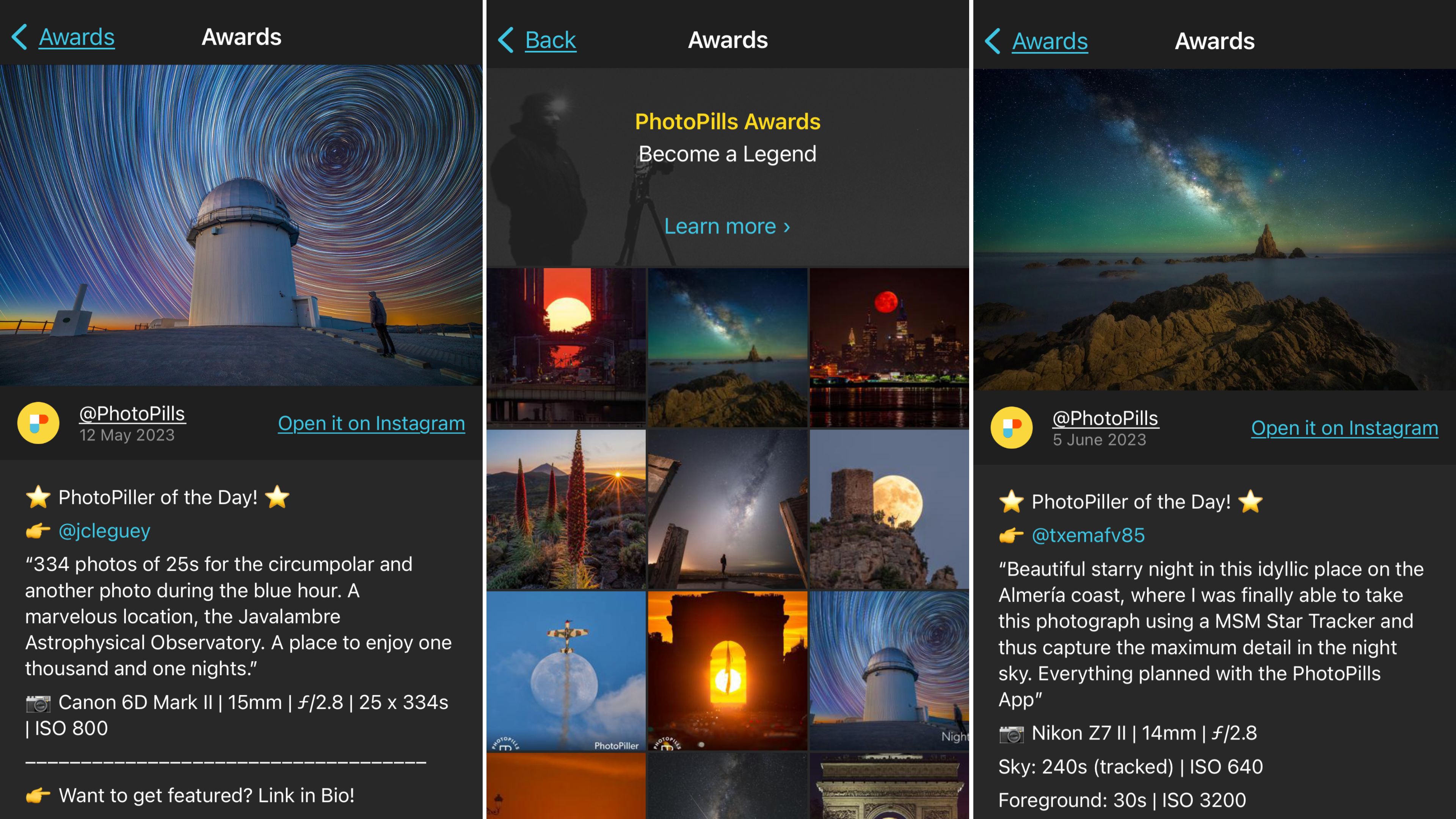 The Academy area of the app, showing Instagram feeds featuring user photos that have won awards such as PhotoPiller of the Day