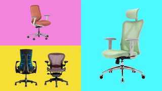 Four photos of my favourite office chairs on a multi-coloured, boxed background.