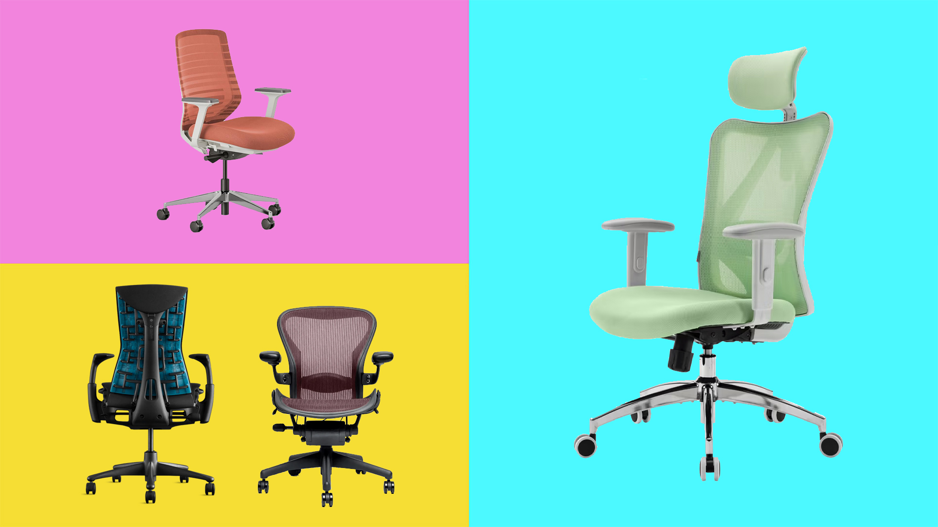 Four photos of my favourite office chairs on a multi-coloured, boxed background. 