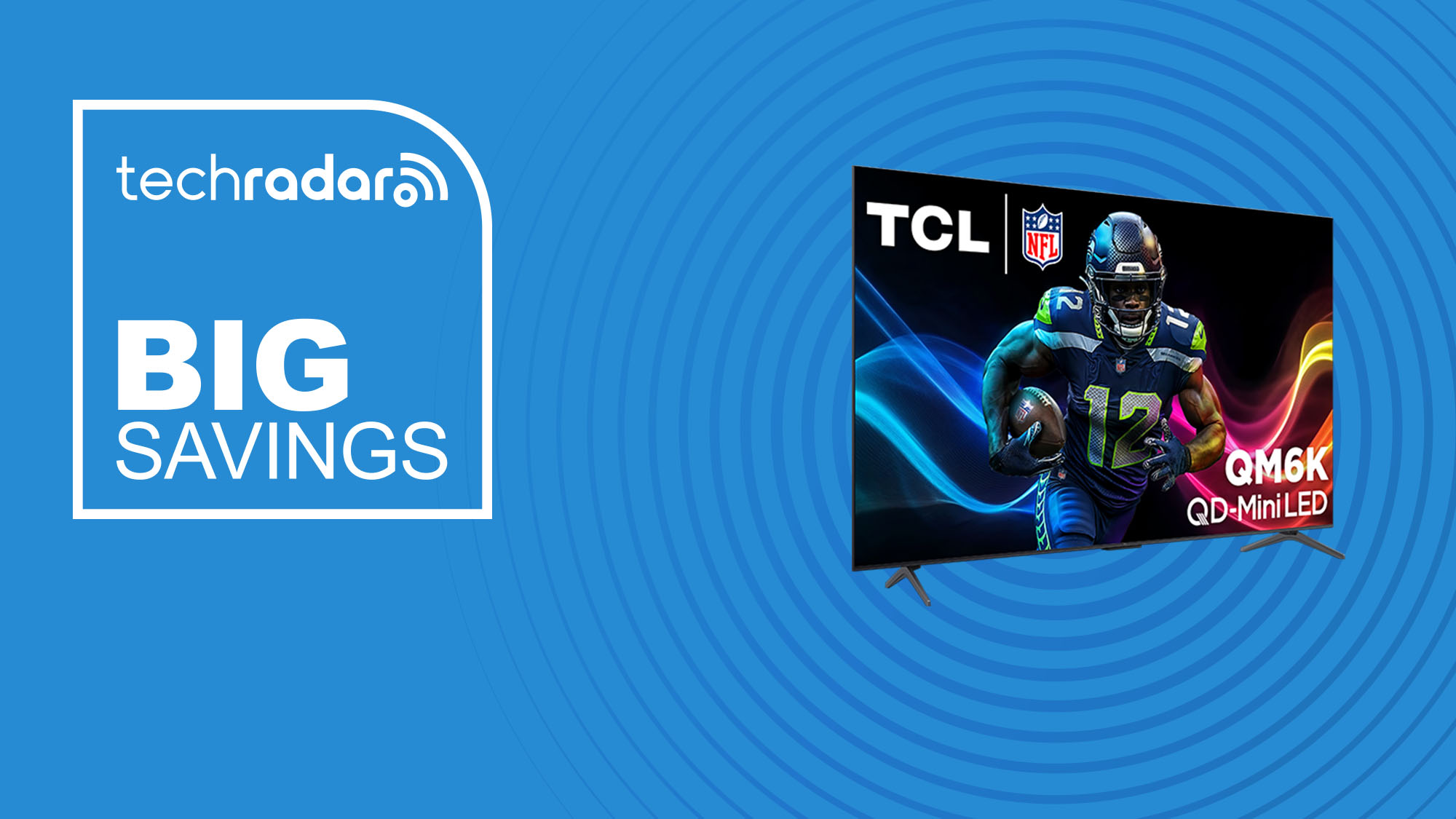 The TCL QM6K 65-inch 4K Mini-LED TV on a blue background with text saying Big Savings.
