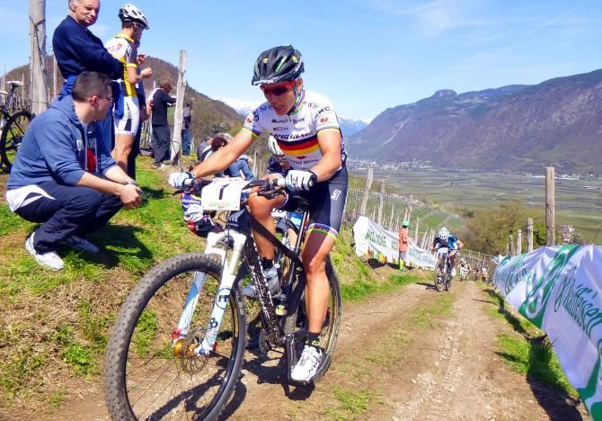 Sabine Spitz (Sabine Spitz Haibike) on her way to fourth place in Nals, Italy.