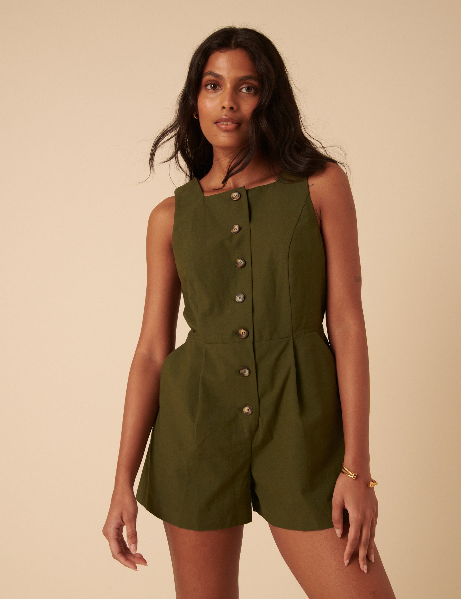 Khaki Linen-Blend Peri Playsuit