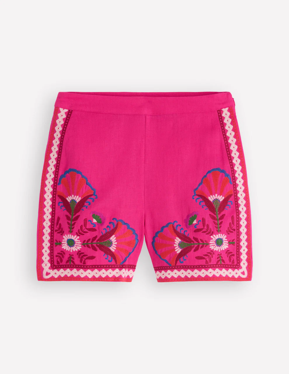 Embroidered Linen Shorts-Pink Peony, Embroidered