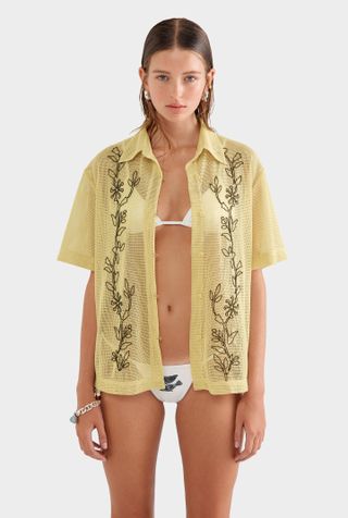 Embroidered Mesh Relaxed Short Sleeve Shirt