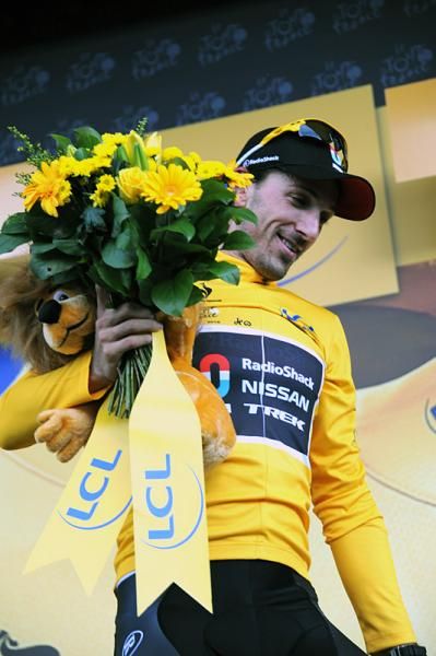 Tour de France leader Fabian Cancellara steps off the podium.