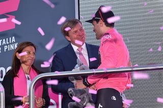 Tom Dumoulin on the podium after winning stage 1 of the 2016 Giro d'Italia