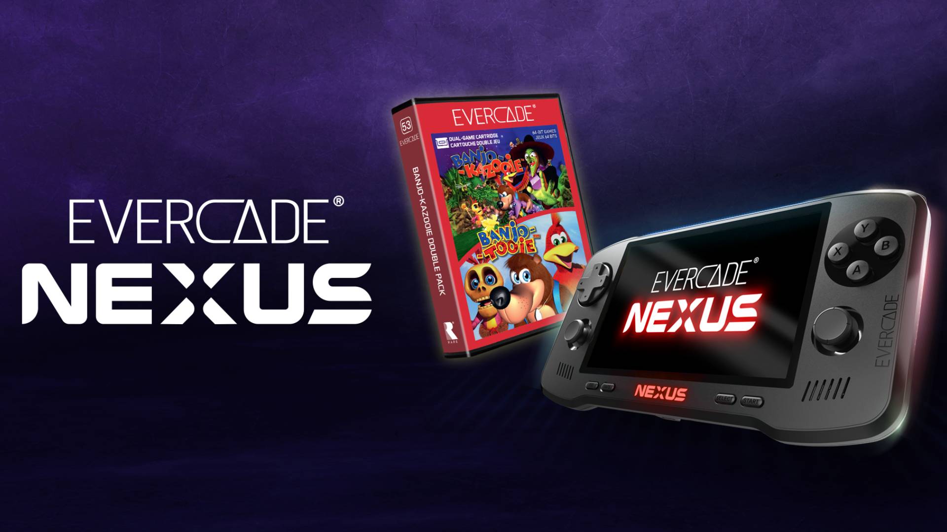 Evercade Nexus handheld with Banjo-Kazooie collection box and logo on left with purple backdrop.
