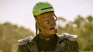 Brendan Fraser's Robotman Cliff in bicycle helmet in Doom Patrol