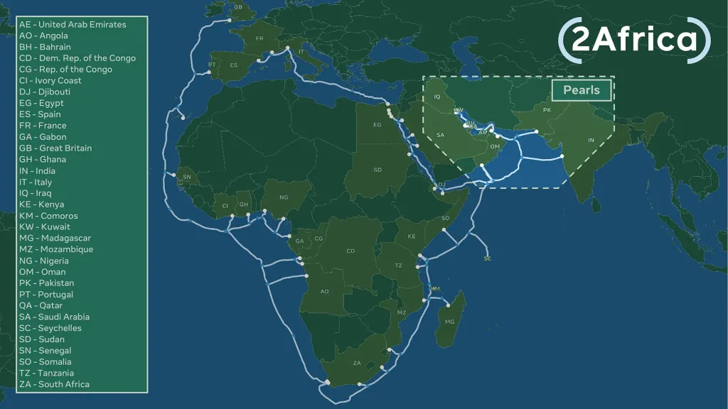 The 2Africa undersea cable project with the Persian Gulf 'Pearls' project section highlighted.