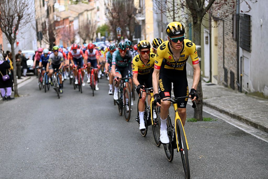 OSIMO ITALY MARCH 11 Dylan Van Baarle of The Netherlands and Team Jumbo Visma leads the peloton during the 58th TirrenoAdriatico 2023 Stage 6 a 193km stage from Osimo Stazione to Osimo 252m UCIWT TirrenoAdriatico on March 11 2023 in Osimo Italy Photo by Tim de WaeleGetty Images