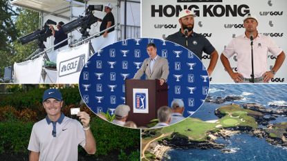 Brian Rolapp (central) speaks to the media and images of TV cameras at a tournament, Jon Rahm and Bryson DeChambeau speaking to media, Luke Clanton holding his PGA Tour card and Cypress Point's famous par 3 from above