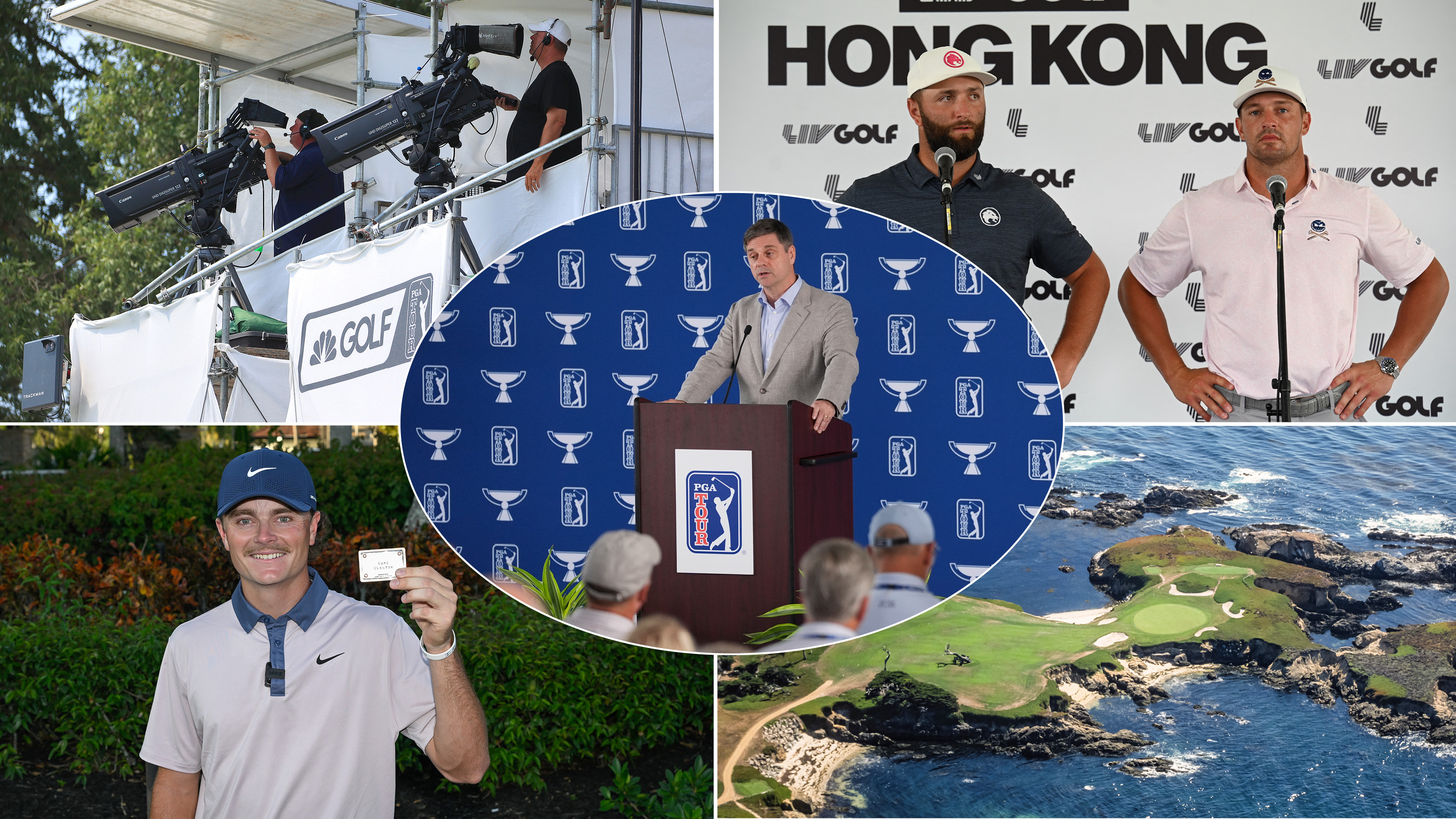 Brian Rolapp (central) speaks to the media and images of TV cameras at a tournament, Jon Rahm and Bryson DeChambeau speaking to media, Luke Clanton holding his PGA Tour card and Cypress Point&#039;s famous par 3 from above