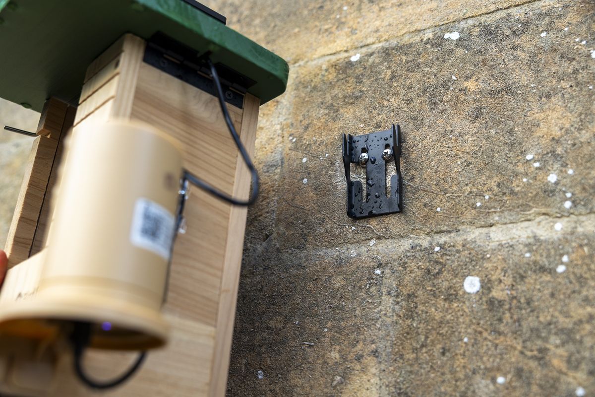 The Birdfy Wood feeder being mounted on a stone wall