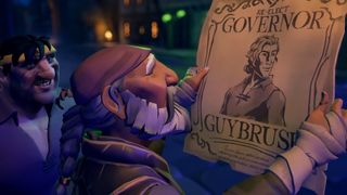 Paras Xbox Series X -peli: Sea of Thievesin merirosvot katsomassa Guybrush-julistetta