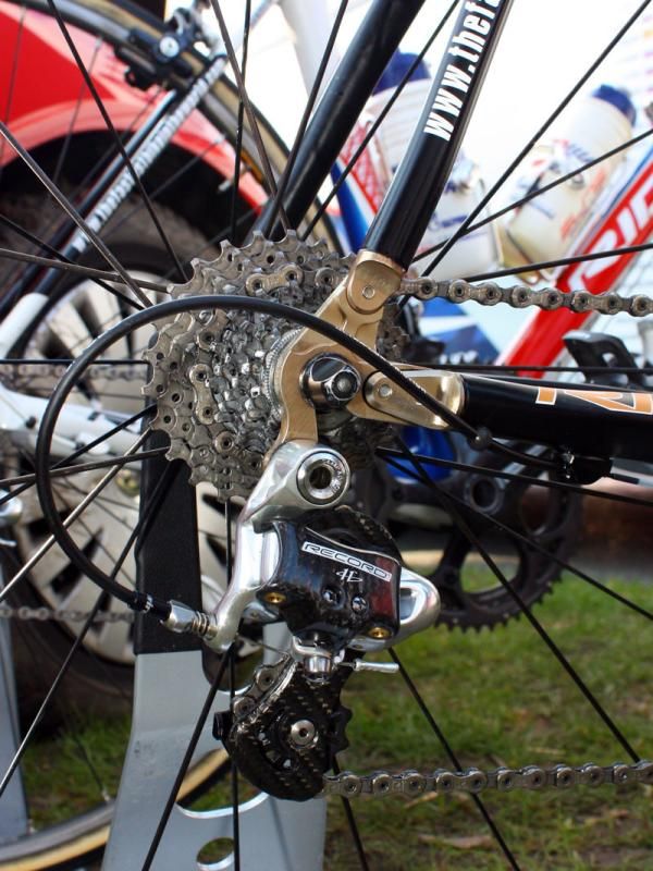 The Campagnolo Record rear derailleur on Filippo Pozzato's (Katusha) bike is bolted to a replaceable dropout.