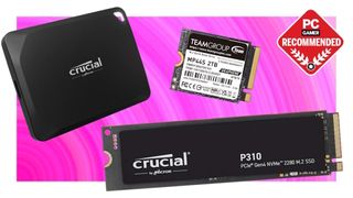 Prime Day SSD deals on a pink background with the PC Gamer Recommended logo in the top right corner