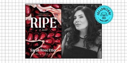 Ripe cover split image with Sarah Rose etter headshot overlaid on black and white grid with ReadWithMC stamp 
