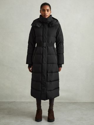 Longline Hooded Puffer Coat in Black