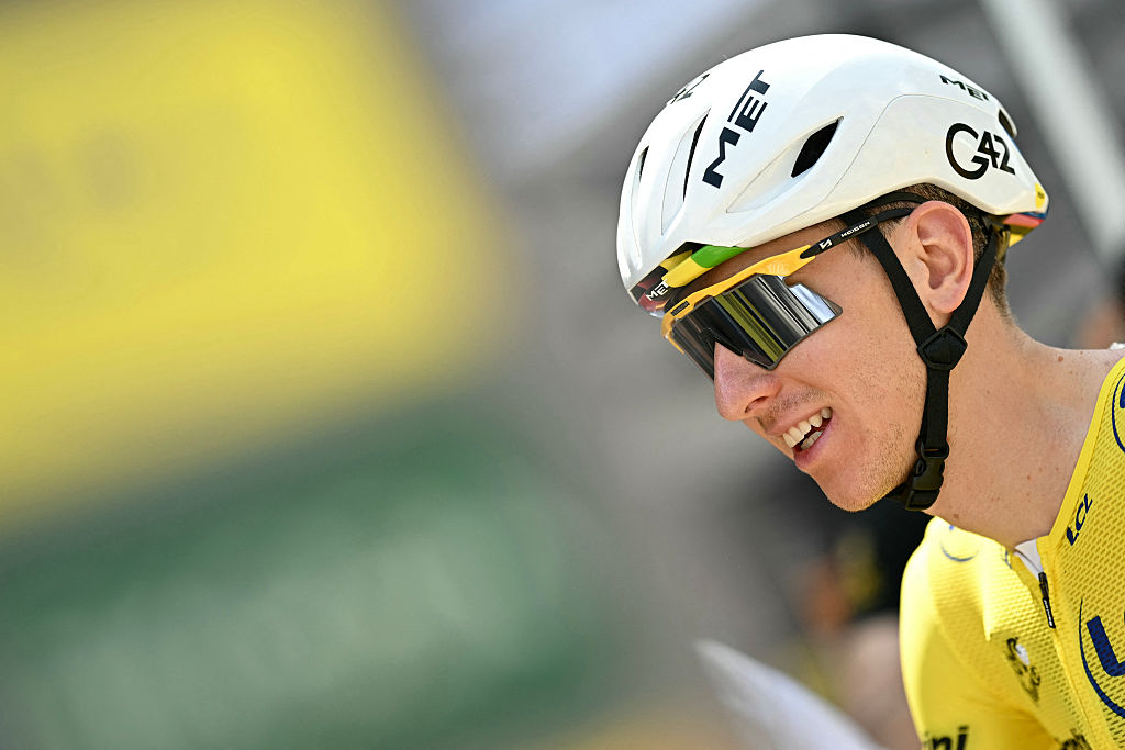UAE Team Emirates - XRG's Slovenian rider Tadej Pogacar wearing the overall leader's yellow jersey awaits the start of the 13th stage of the 113th edition of the Tour de France cycling race, 205,8 km between Dole and Belfort in eastern France, on July 17, 2026. (Photo by Loic VENANCE / AFP)