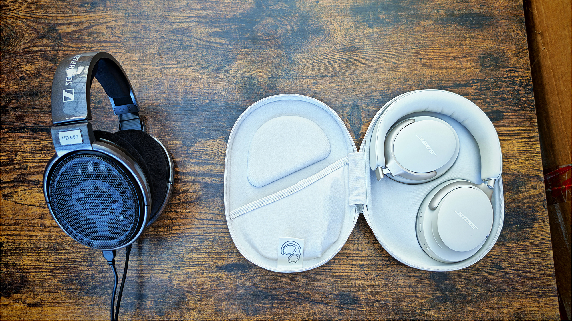 Photos featuring the Bose QC Ultras and the Sennheiser HD 650s. 