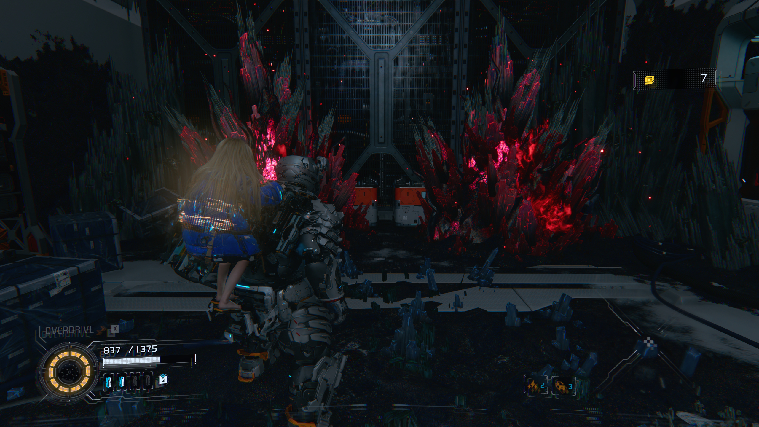 Pragmata red crystals: A player looking at two red crystals blocking two Safe Boxes.