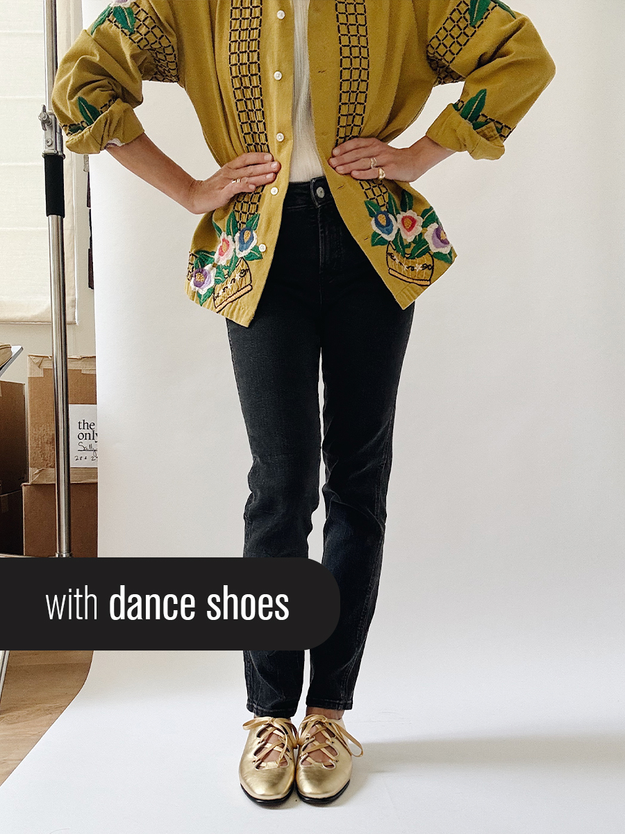 Jane Herman in skinny jeans and dance shoes