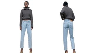 model wearing zara light blue mom jeans shot from the front and the back