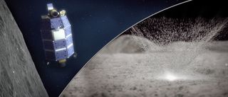 An artist's depiction of the LADEE mission in orbit around the moon, where it measured water vapor released by meteoroid impacts.